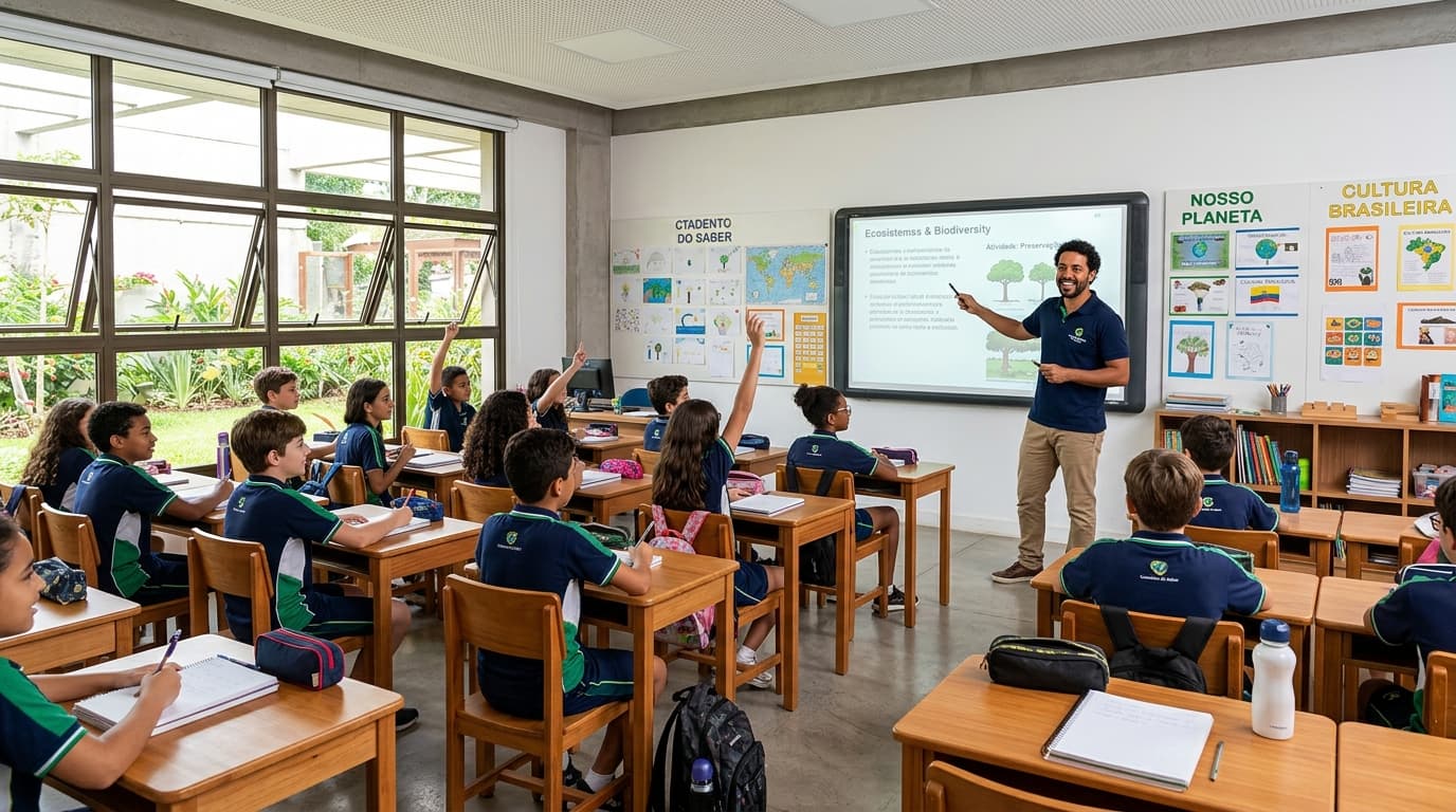 Professor e alunos em sala de aula moderna