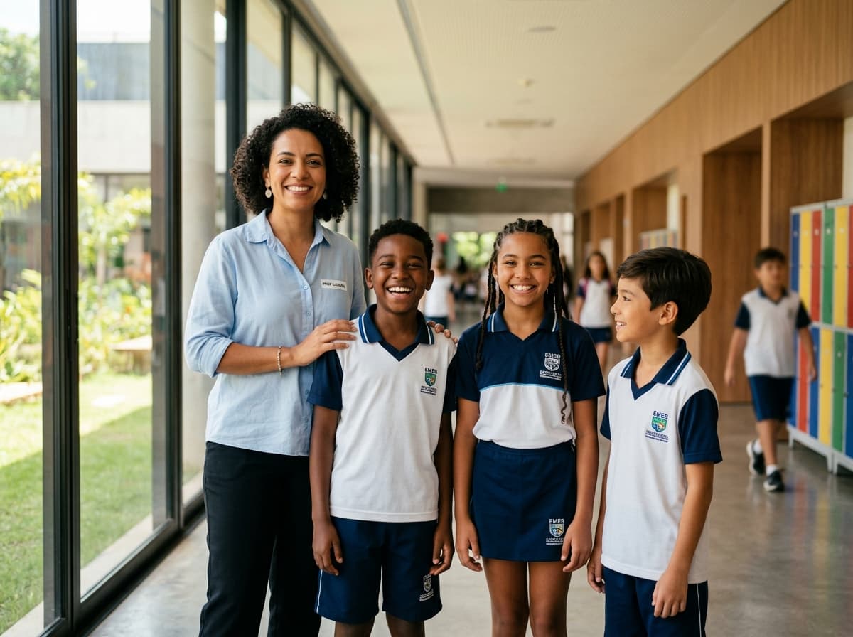 Professora e estudantes em ambiente escolar moderno
