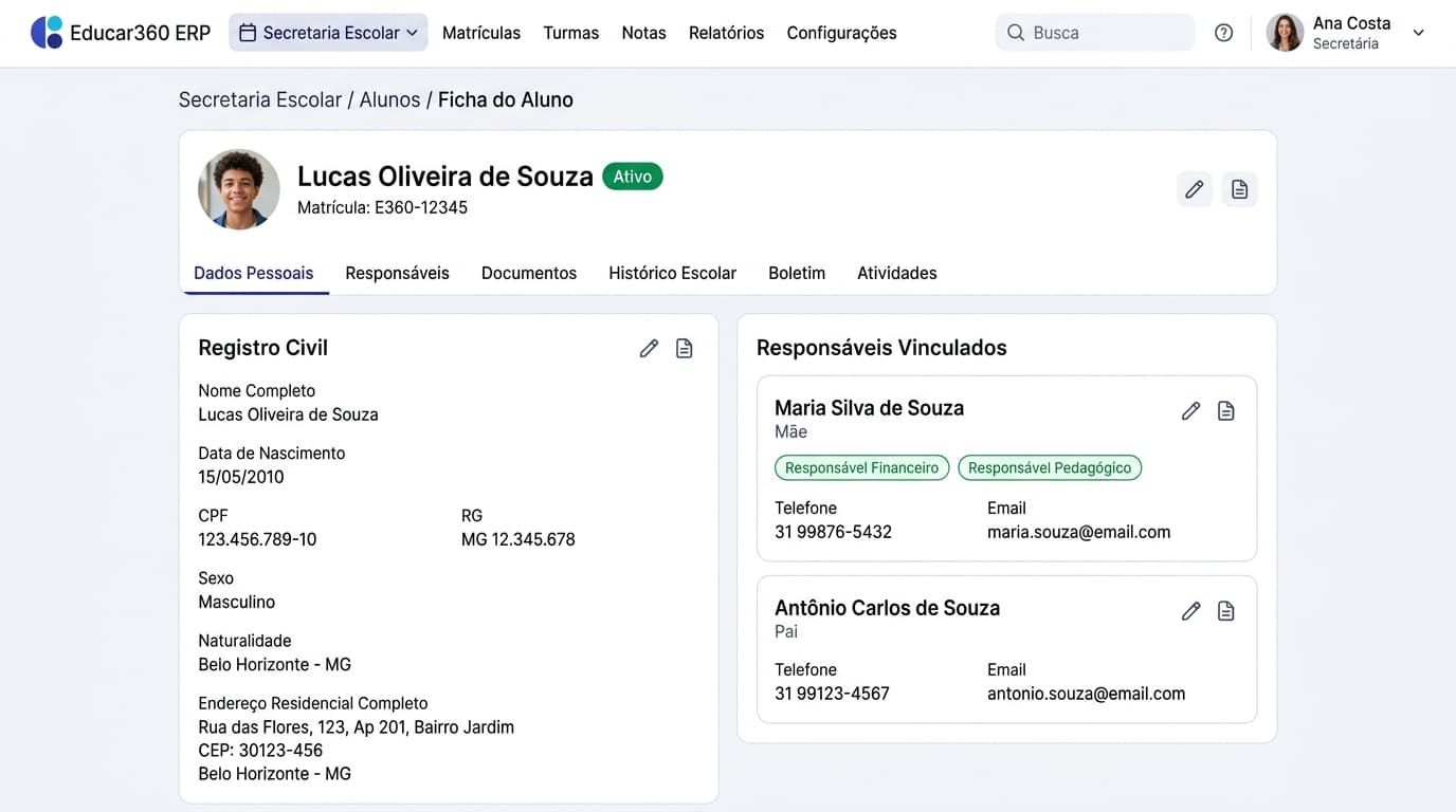 Ficha de Cadastro do Aluno e Responsáveis no Educar360